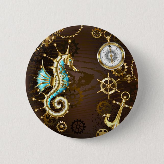 Wooden Background with Mechanical Seahorse Button (Front)