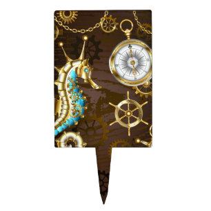 Wooden Background with Mechanical Seahorse Cake Topper