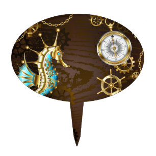 Wooden Background with Mechanical Seahorse Cake Topper