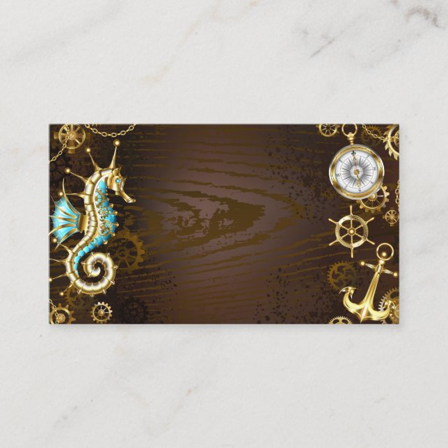 Wooden Background with Mechanical Seahorse Calling Card (Front)