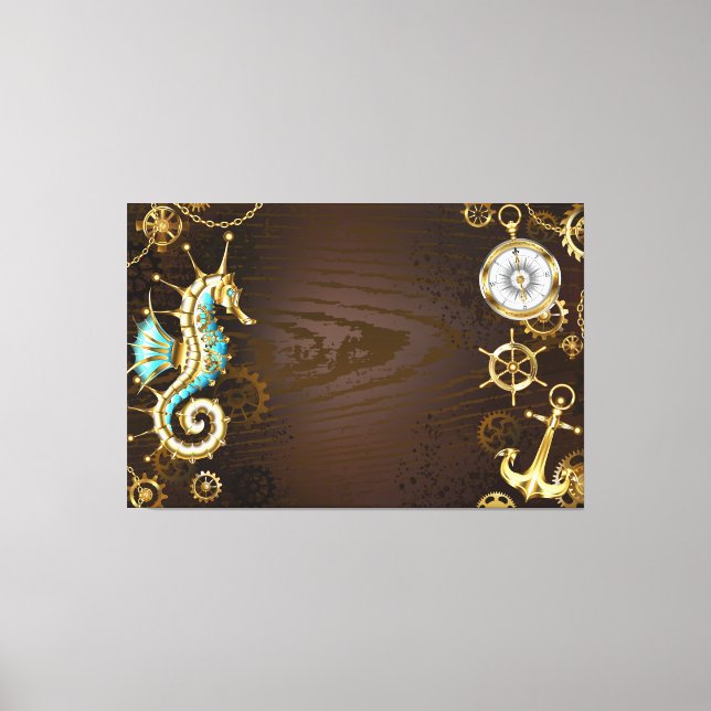 Wooden Background with Mechanical Seahorse Canvas Print (Front)