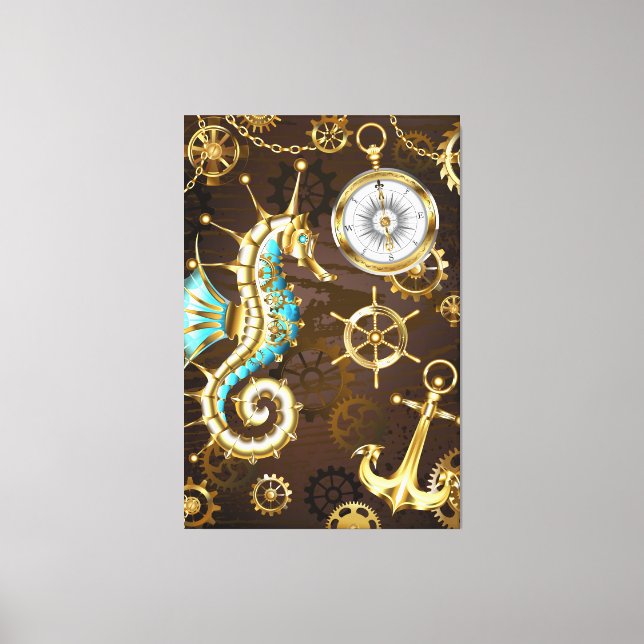 Wooden Background with Mechanical Seahorse Canvas Print (Front)