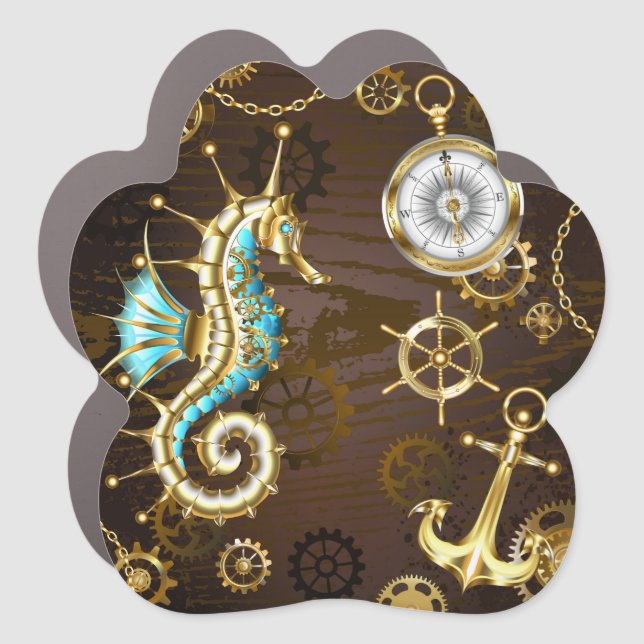 Wooden Background with Mechanical Seahorse Car Magnet (Front)