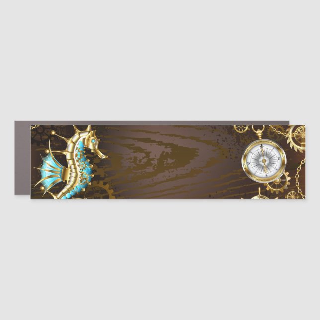 Wooden Background with Mechanical Seahorse Car Magnet (Front)