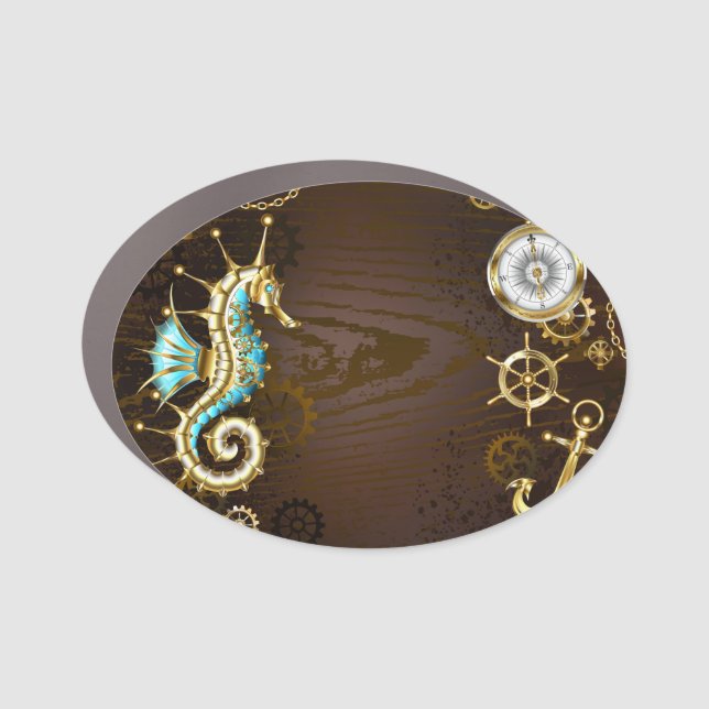 Wooden Background with Mechanical Seahorse Car Magnet (Front)