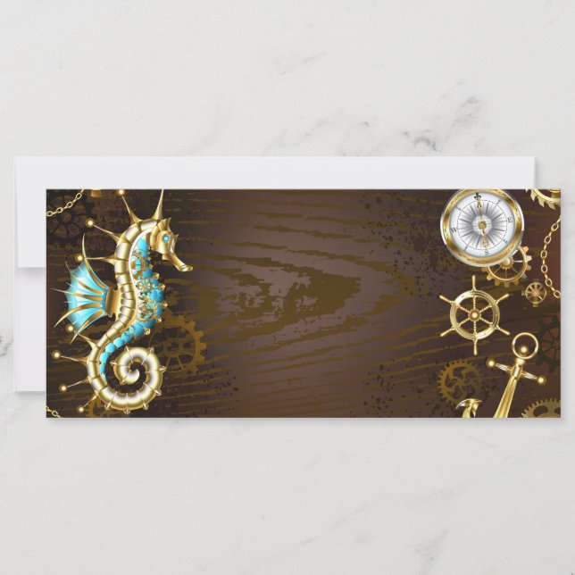Wooden Background with Mechanical Seahorse Card (Front)