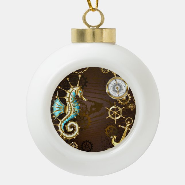Wooden Background with Mechanical Seahorse Ceramic Ball Christmas Ornament (Front)