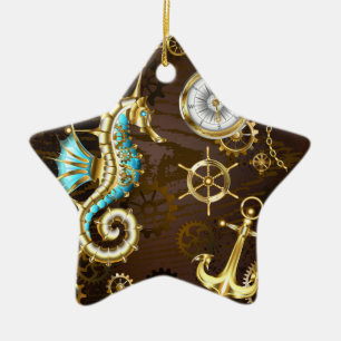 Wooden Background with Mechanical Seahorse Ceramic Ornament
