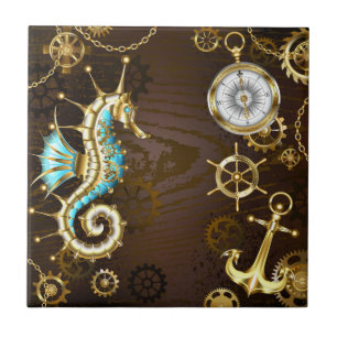 Wooden Background with Mechanical Seahorse Ceramic Tile