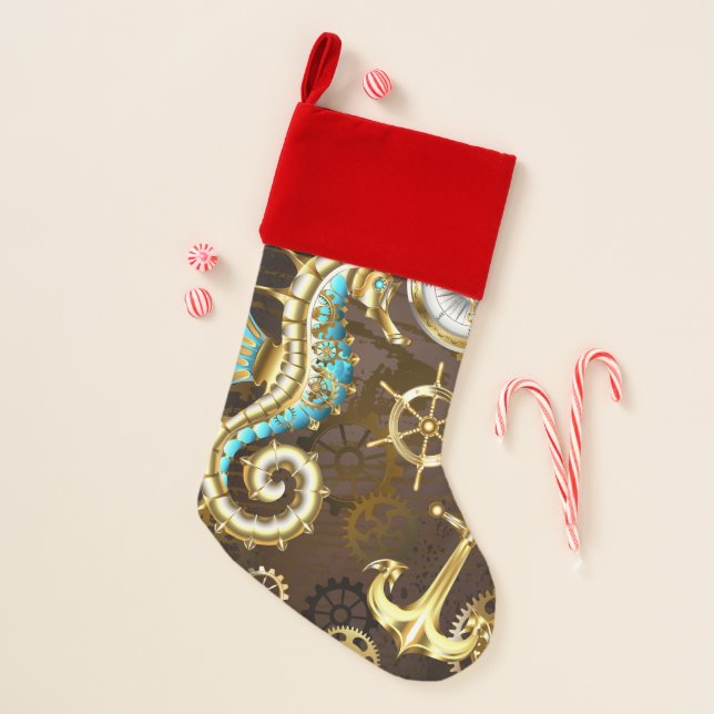 Wooden Background with Mechanical Seahorse Christmas Stocking (Front)
