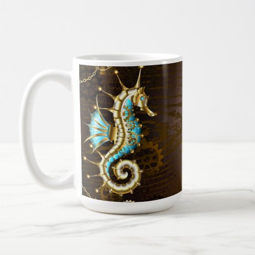 Wooden Background with Mechanical Seahorse Coffee Mug