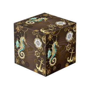Wooden Background with Mechanical Seahorse Cube