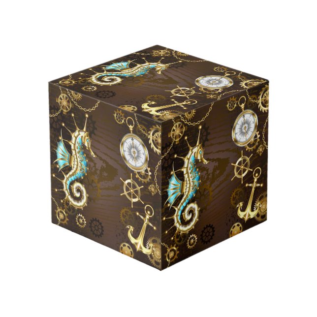 Wooden Background with Mechanical Seahorse Cube (Front Angled)