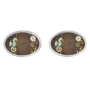 Wooden Background with Mechanical Seahorse Cufflinks