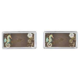 Wooden Background with Mechanical Seahorse Cufflinks