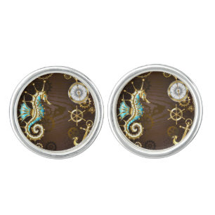 Wooden Background with Mechanical Seahorse Cufflinks