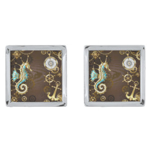 Wooden Background with Mechanical Seahorse Cufflinks