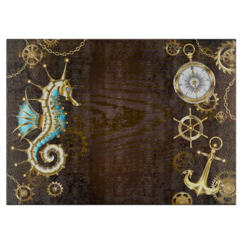 Wooden Background with Mechanical Seahorse Cutting Board