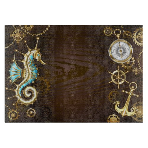 Wooden Background with Mechanical Seahorse Cutting Board