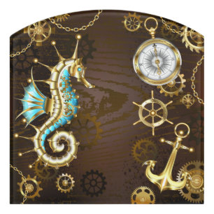Wooden Background with Mechanical Seahorse Door Sign