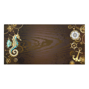 Wooden Background with Mechanical Seahorse Door Sign