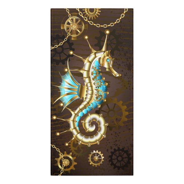 Wooden Background with Mechanical Seahorse Door Sign (Classic Front Vert)