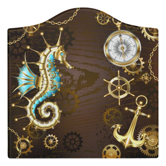 Wooden Background with Mechanical Seahorse Door Sign (Large Crest Front)