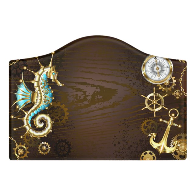 Wooden Background with Mechanical Seahorse Door Sign (Small Crest Front)