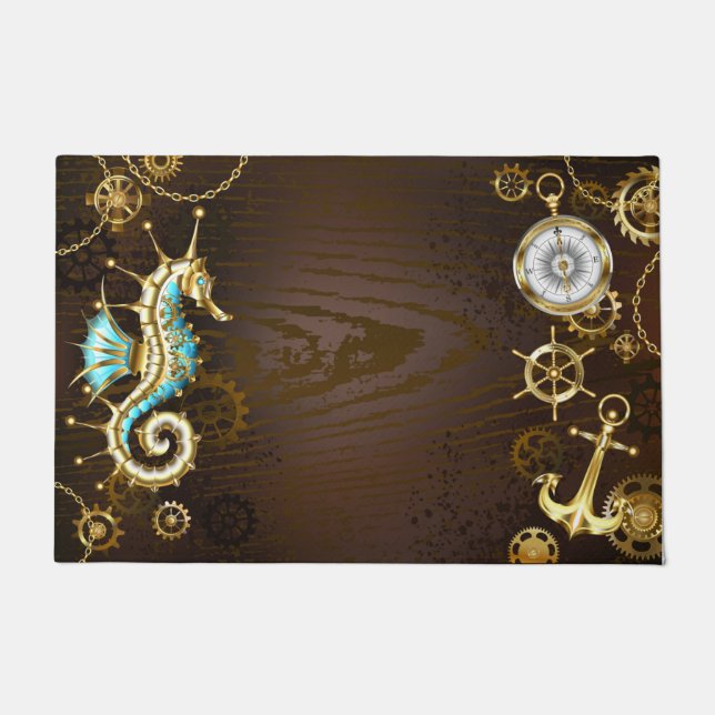 Wooden Background with Mechanical Seahorse Doormat (Front)