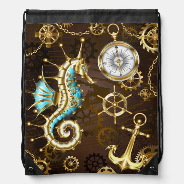 Wooden Background with Mechanical Seahorse Drawstring Bag (Front)