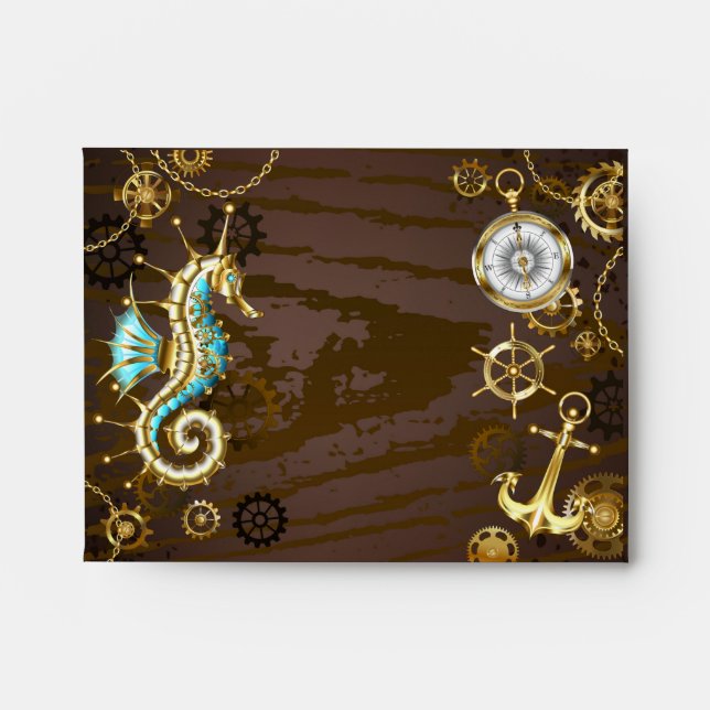 Wooden Background with Mechanical Seahorse Envelope (Front)