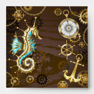 Wooden Background with Mechanical Seahorse Envelope