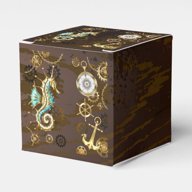 Wooden Background with Mechanical Seahorse Favor Boxes (Front Side)