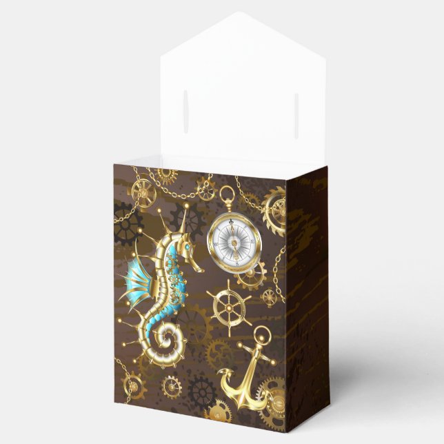 Wooden Background with Mechanical Seahorse Favor Boxes (Opened)