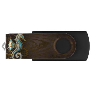 Wooden Background with Mechanical Seahorse Flash Drive