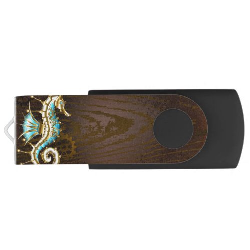 Wooden Background with Mechanical Seahorse Flash Drive