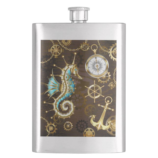 Wooden Background with Mechanical Seahorse Flask (Front)
