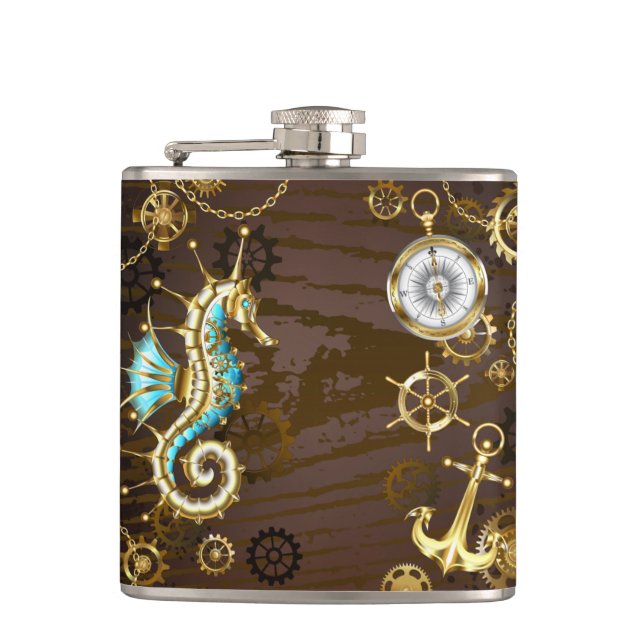 Wooden Background with Mechanical Seahorse Flask (Front)