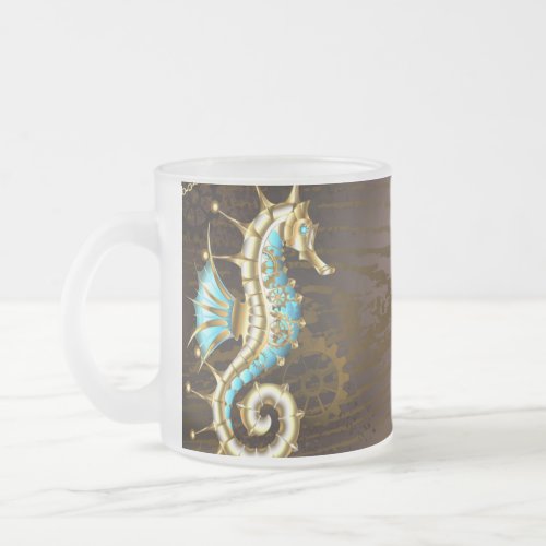 Wooden Background with Mechanical Seahorse Frosted Glass Coffee Mug