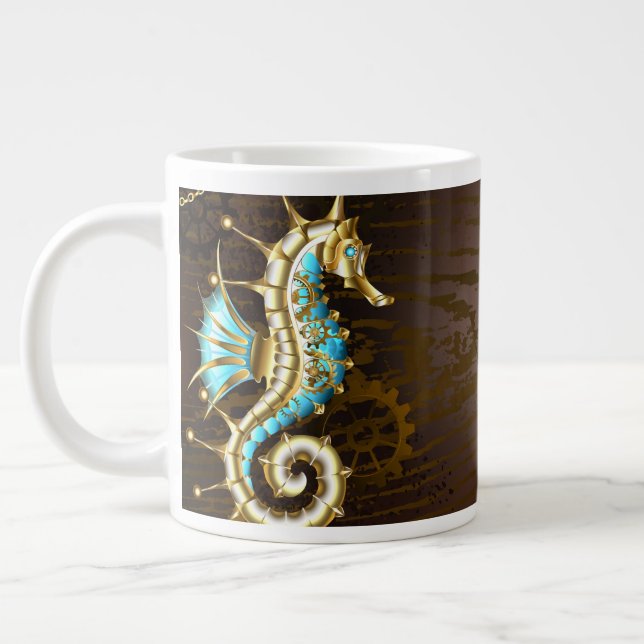 Wooden Background with Mechanical Seahorse Giant Coffee Mug (Left)