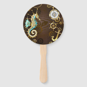 Wooden Background with Mechanical Seahorse Hand Fan
