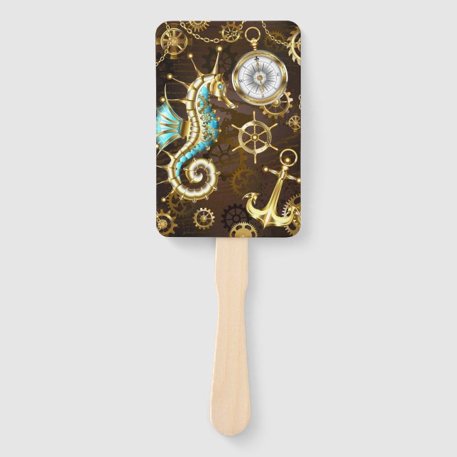 Wooden Background with Mechanical Seahorse Hand Fan (Front)