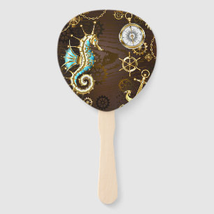 Wooden Background with Mechanical Seahorse Hand Fan