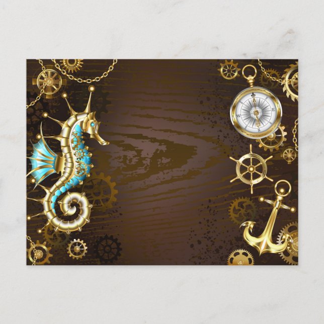 Wooden Background with Mechanical Seahorse Holiday Postcard (Front)
