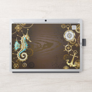 Wooden Background with Mechanical Seahorse HP Laptop Skin