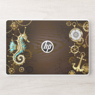 Wooden Background with Mechanical Seahorse HP Laptop Skin