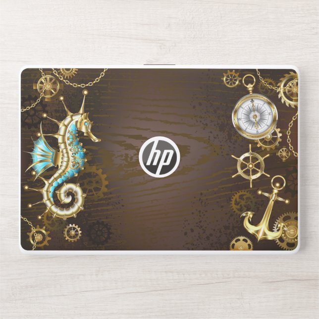 Wooden Background with Mechanical Seahorse HP Laptop Skin (Front)