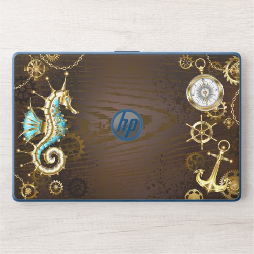 Wooden Background with Mechanical Seahorse HP Laptop Skin