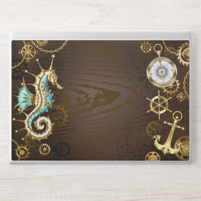 Wooden Background with Mechanical Seahorse HP Laptop Skin (Front)