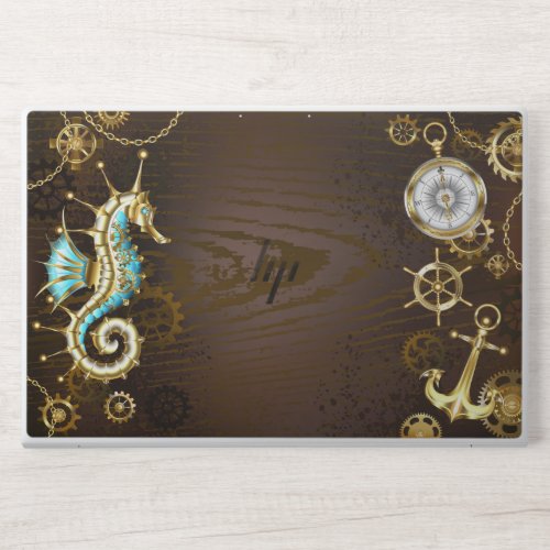 Wooden Background with Mechanical Seahorse HP Laptop Skin